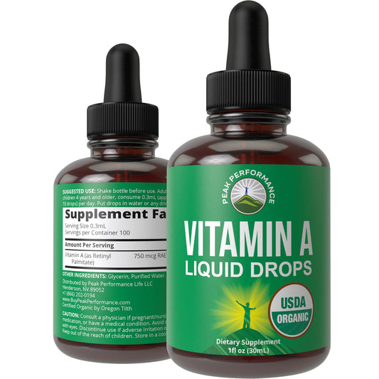 Botella gotas líquidas Vitamina A Peak Performance orgánica