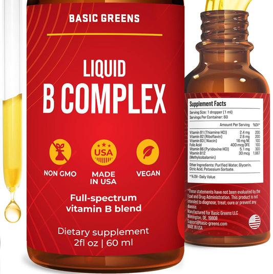 Botella de gotas líquidas vitamina B complejo BASIC GREENS 2 oz