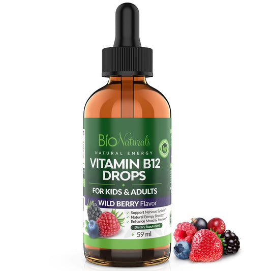 Botella de gotas líquidas de vitamina B12 Bio Naturals sabor baya silvestre