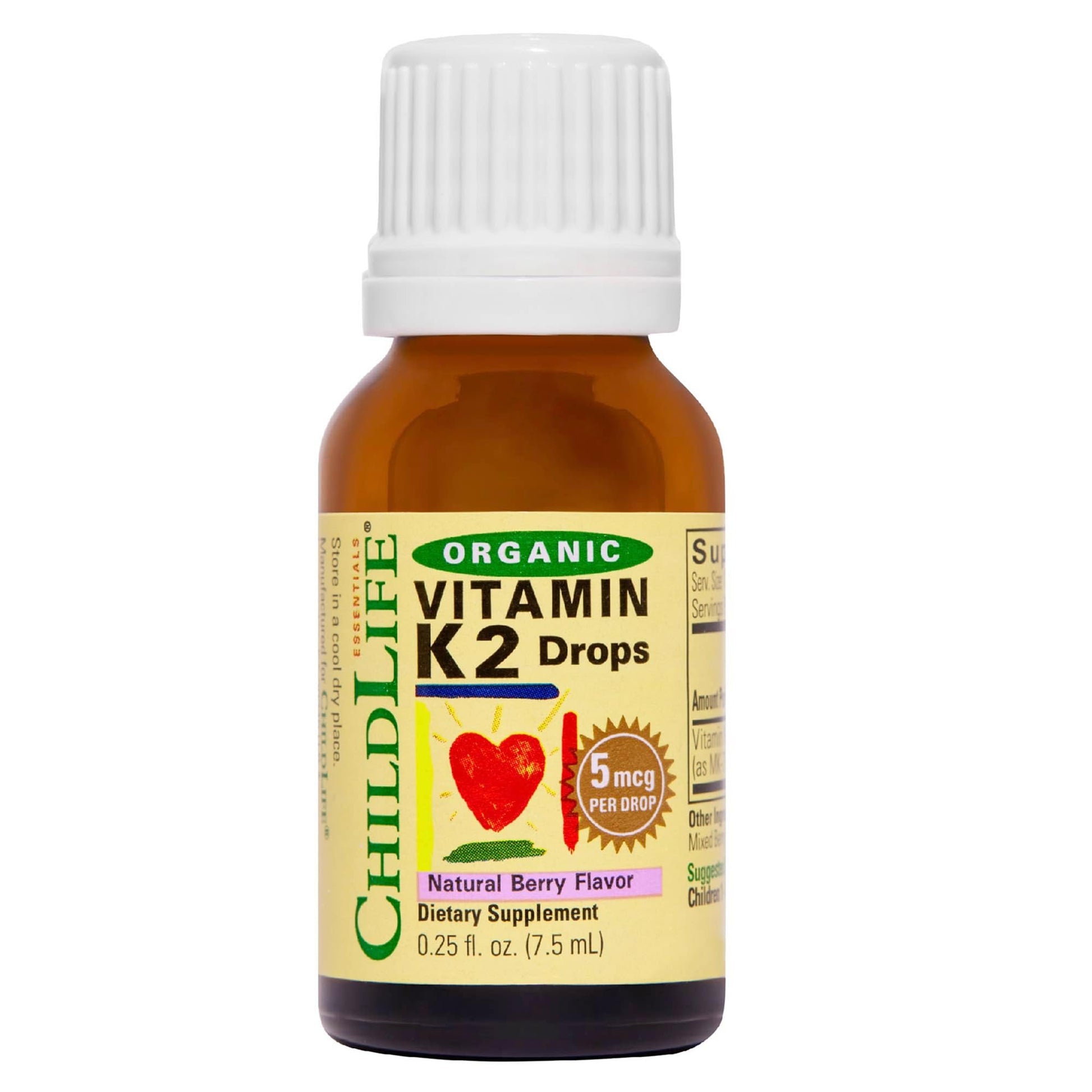 Botella de gotas de vitamina K2 CHILDLIFE Essentials sabor a baya natural.