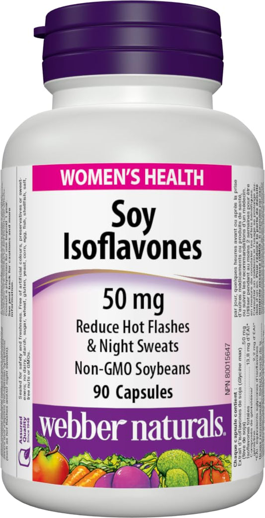 Botella de isoflavonas de soja Webber Naturals 50 mg 90 cápsulas para salud femenina sin OGM.