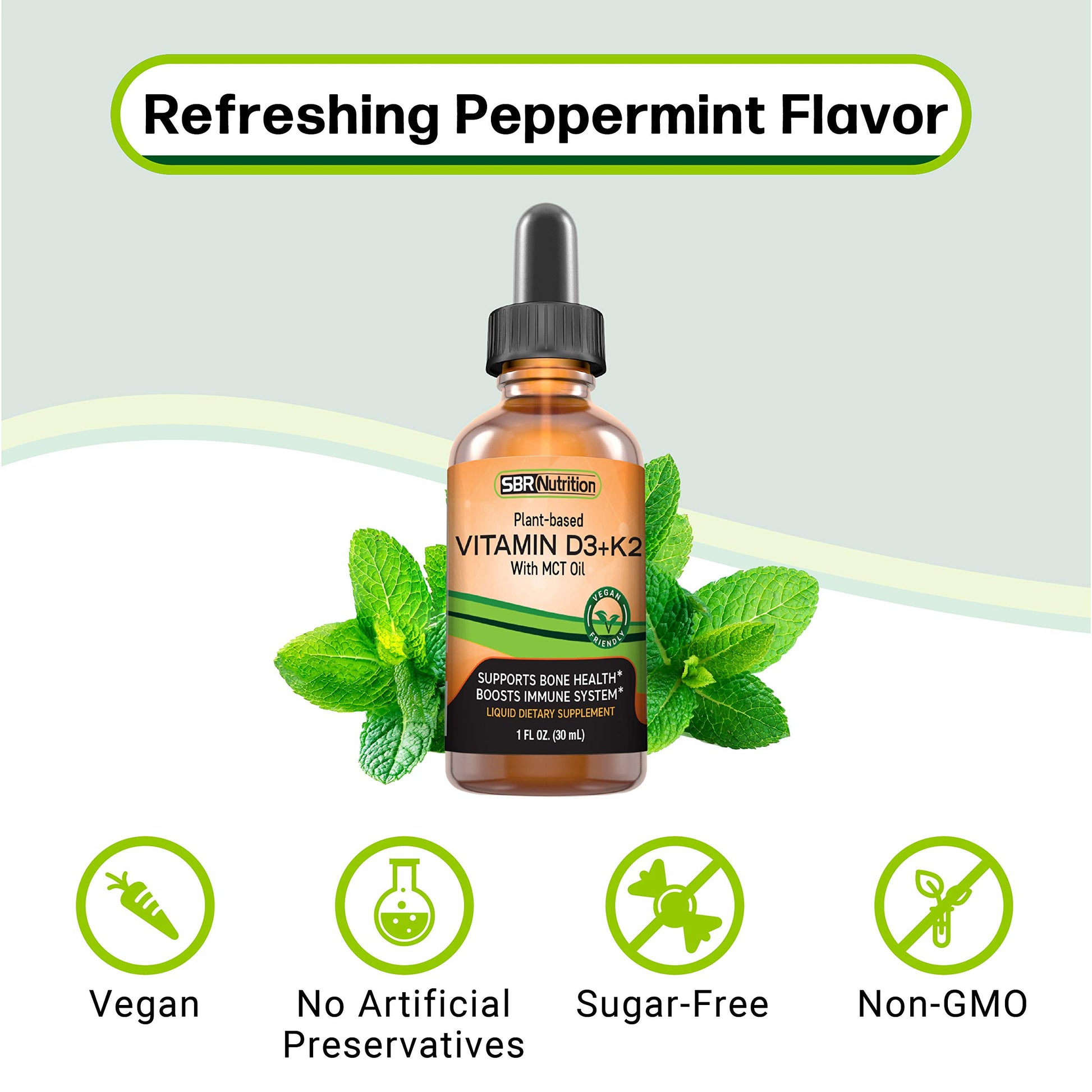 Botella lateral gotas líquidas vitamina D3 K2 vegana