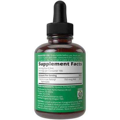 Botella lateral Vitamina A líquida Peak Performance sin azúcar