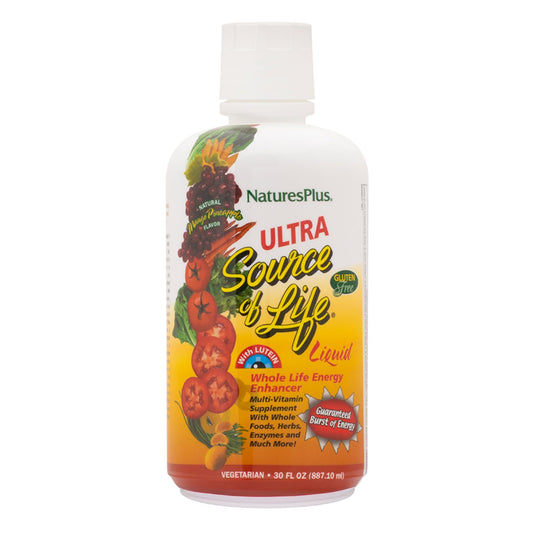 Botella del líquido multivitamínico Natures Plus con sabor mango piña