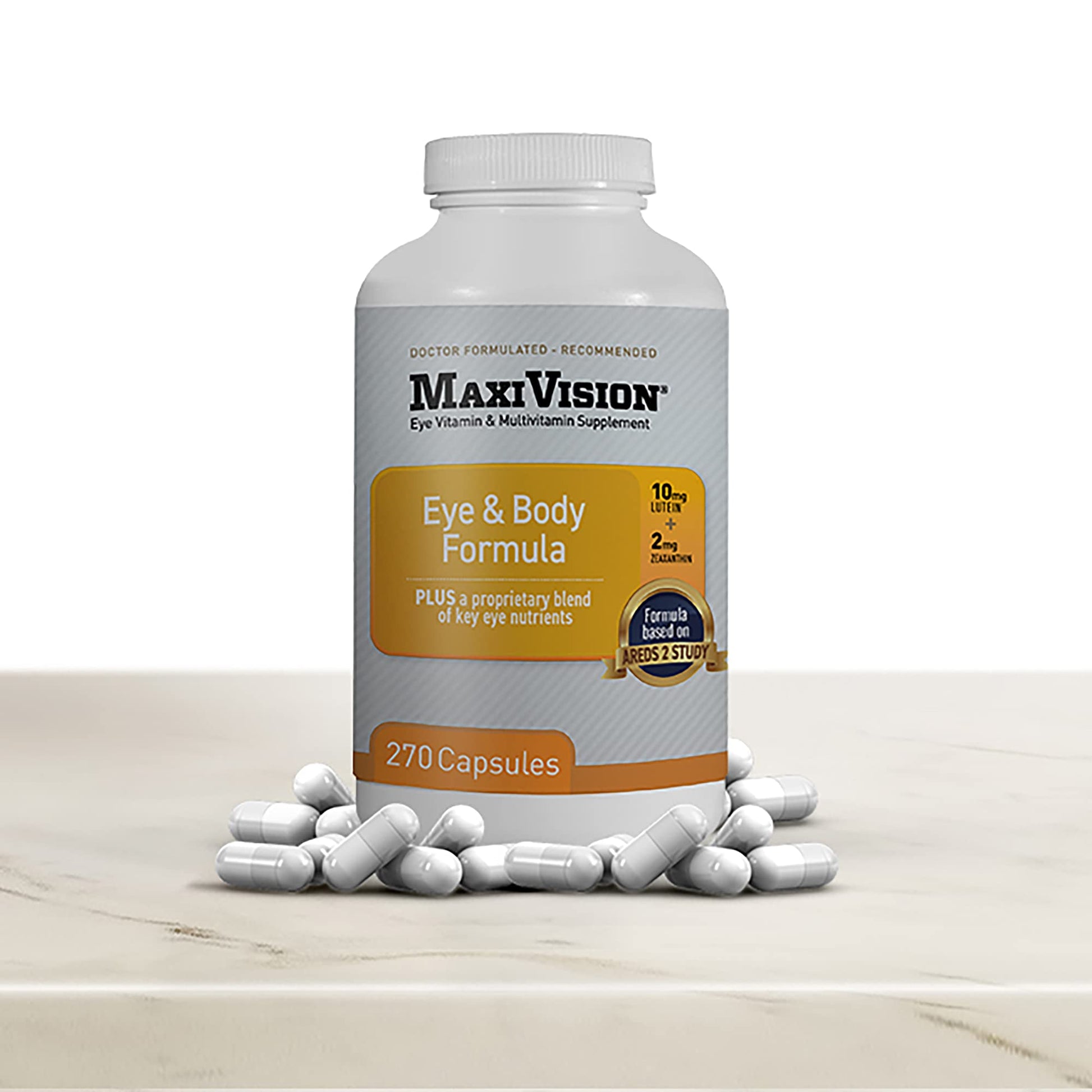 Botella MaxiVision suplemento con cápsulas alrededor