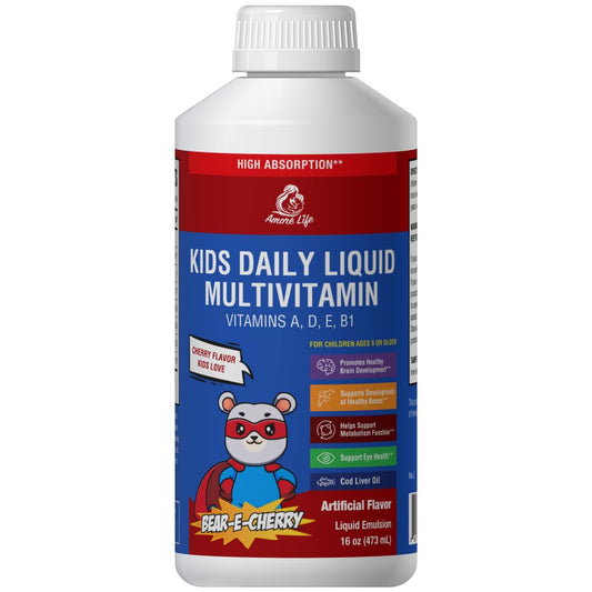 Botella de multivitamina líquida para niños sabor cereza, Amore Life.