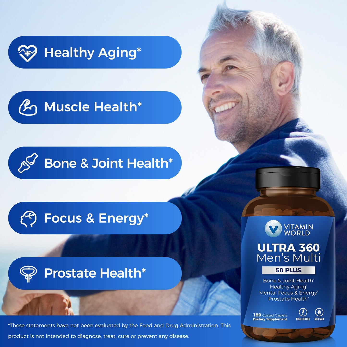 Botella de multivitaminas con 180 cápsulas para bienestar masculino