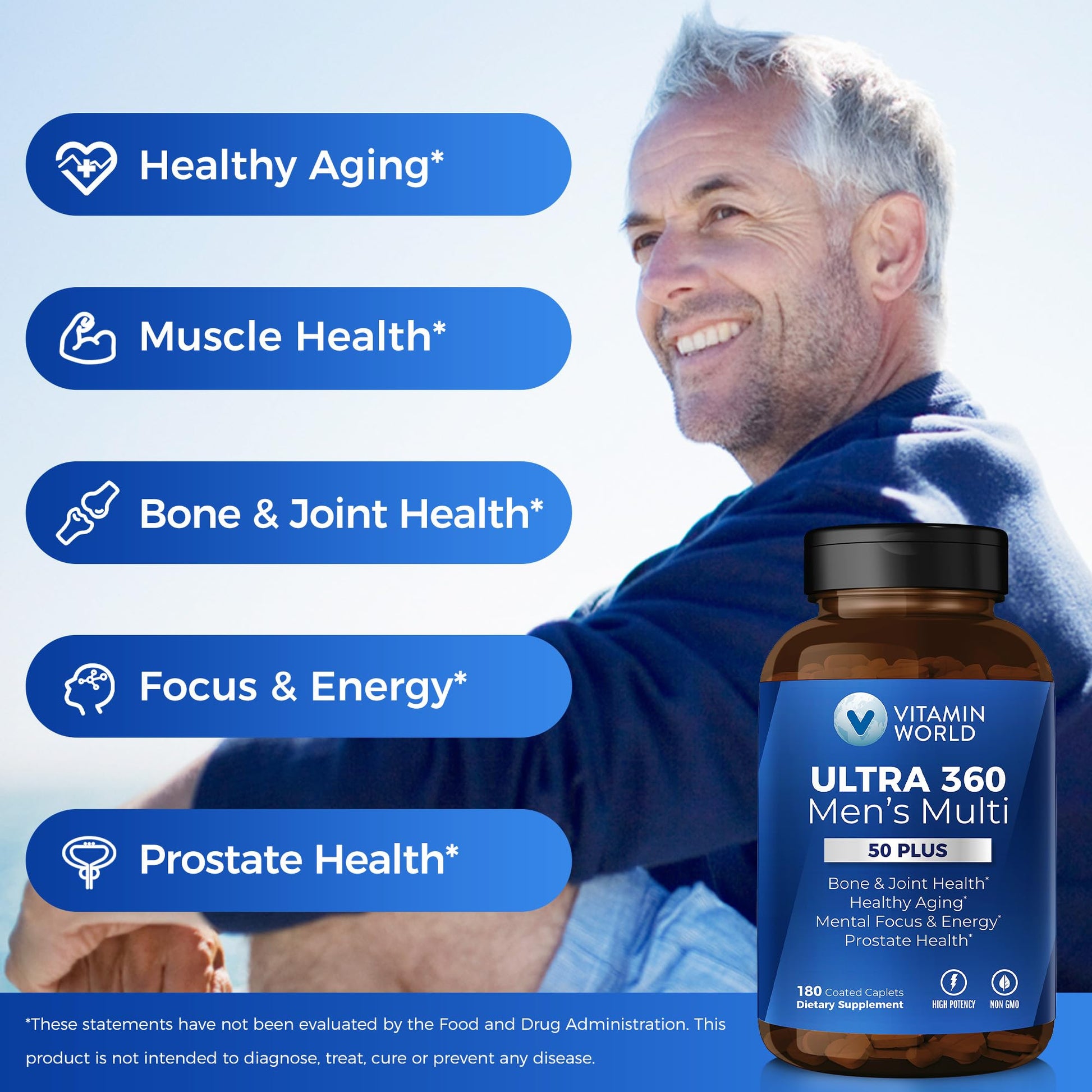 Botella de multivitaminas con 180 cápsulas para bienestar masculino