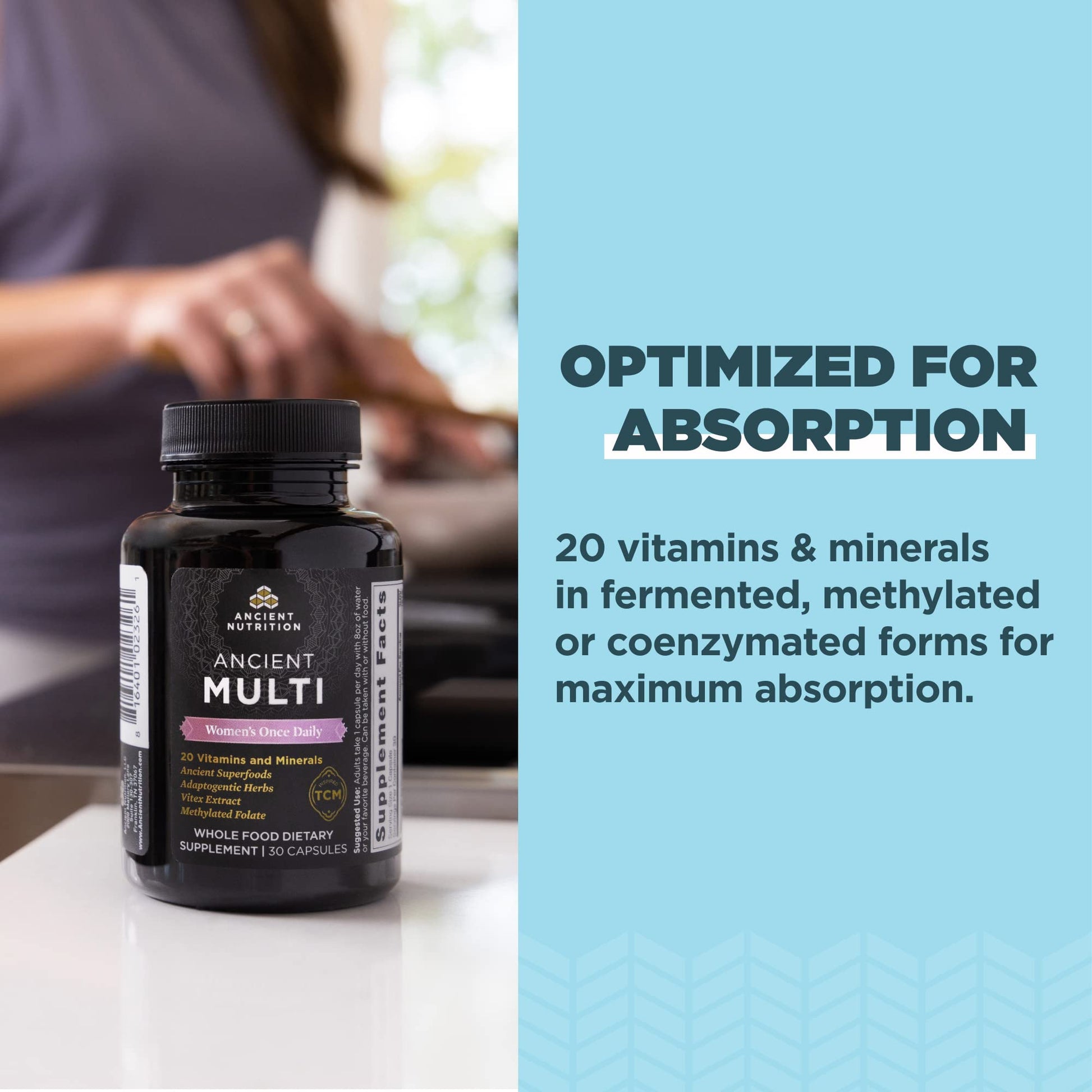 Bottle of multivitaminas diarias with ancient nutrition support