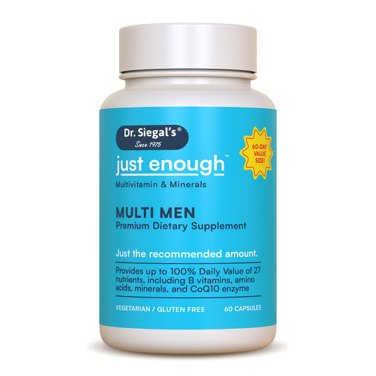 Botella de multivitaminas Dr. Siegal para hombres.