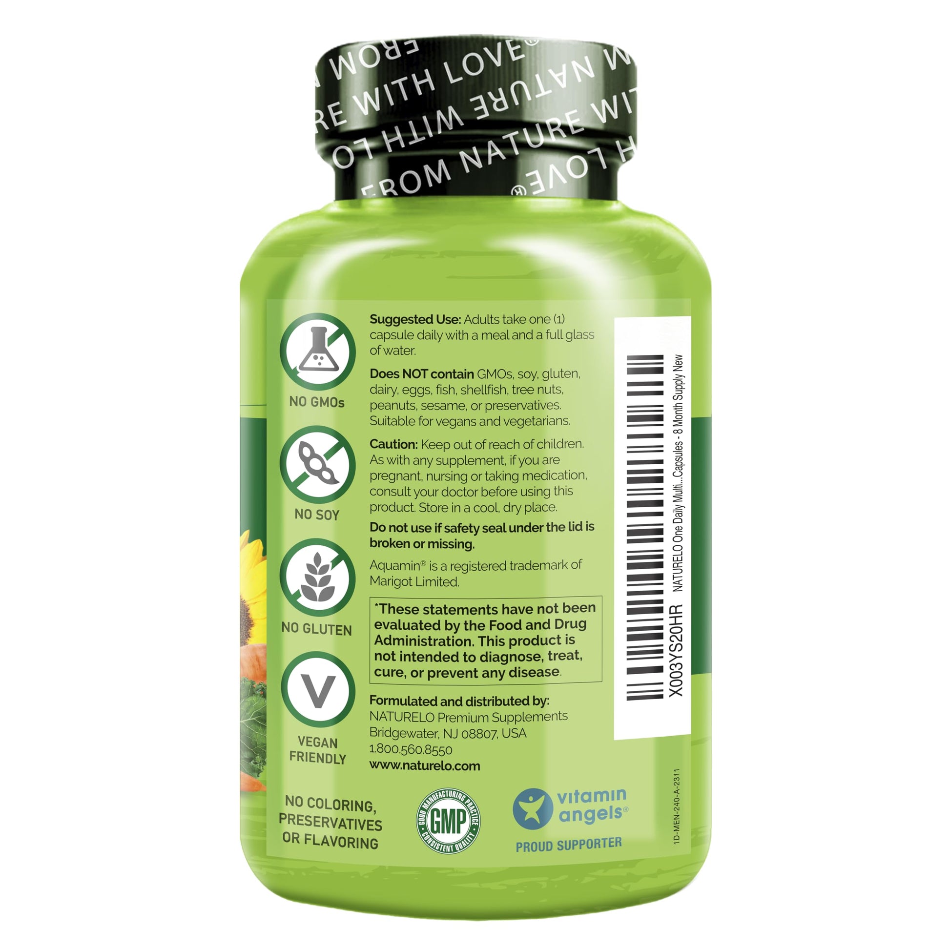 Botella de NATURELO multivitaminas con ingredientes naturales y veganos