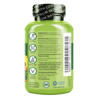Botella de NATURELO multivitaminas con ingredientes naturales y veganos