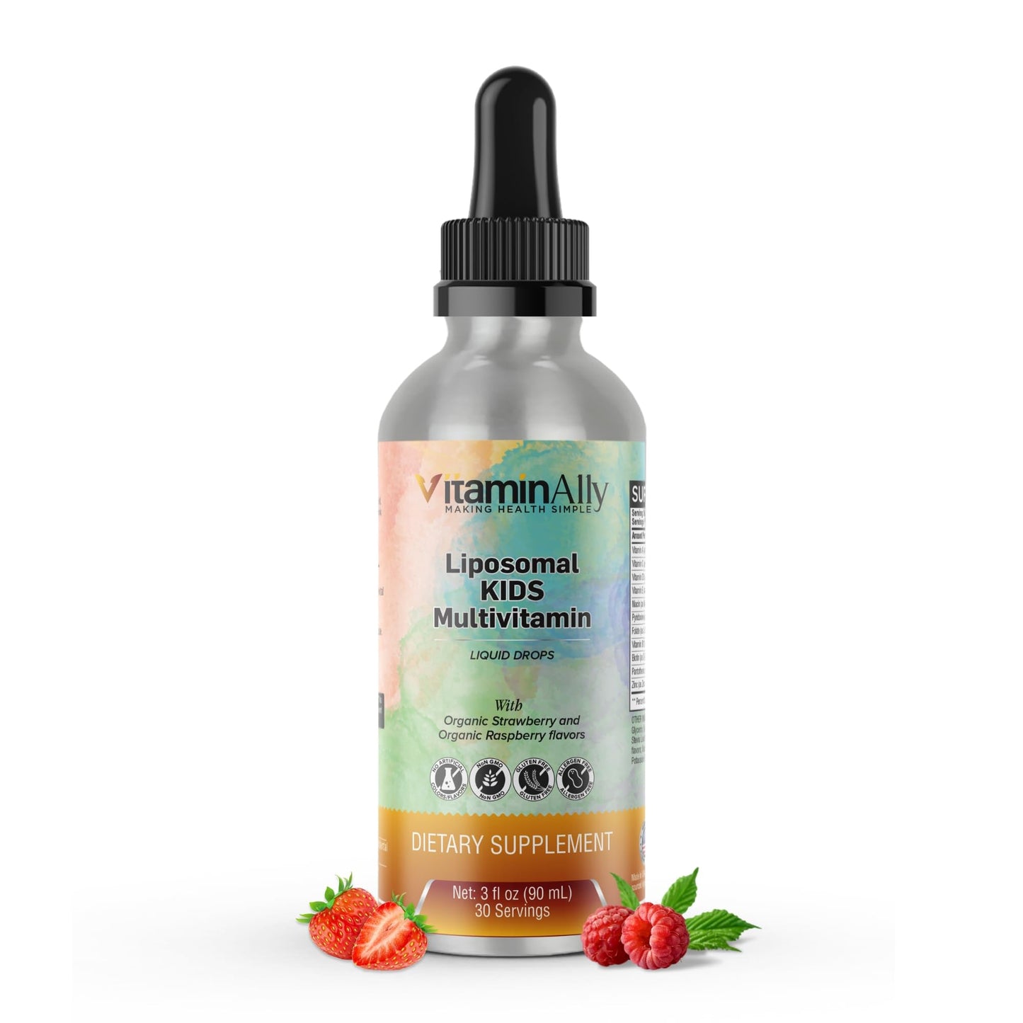 Botella de multivitaminas líquidas Liposomal Kids de Vitaminally con fondo blanco.