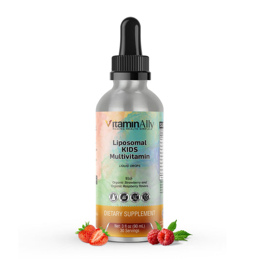 Botella de multivitaminas líquidas Liposomal Kids de Vitaminally con fondo blanco.