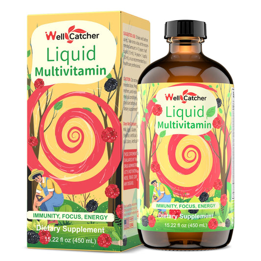 Botella de multivitaminas líquidas Wellcatcher sabor frutos rojos