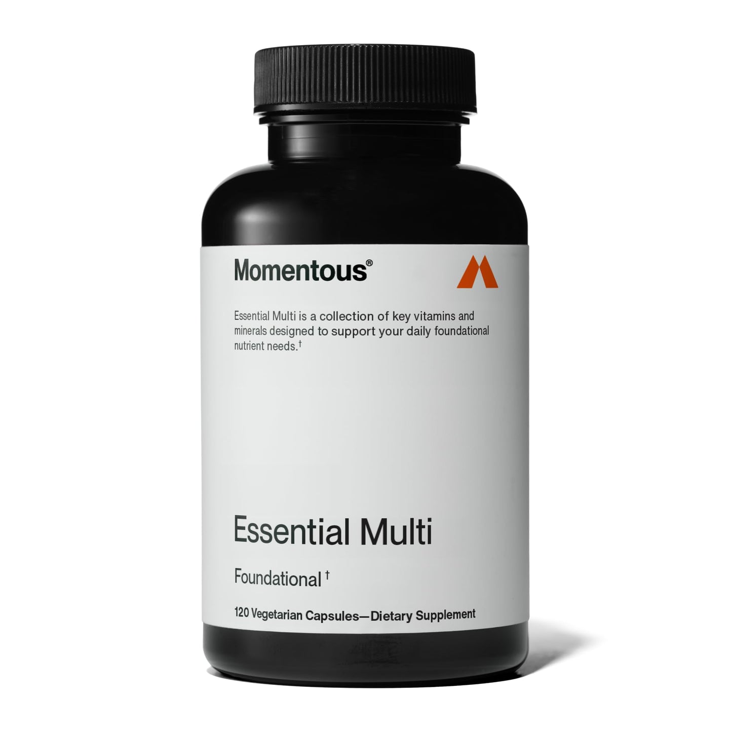 Botella de multivitaminas Momentous Essential para hombres y mujeres.