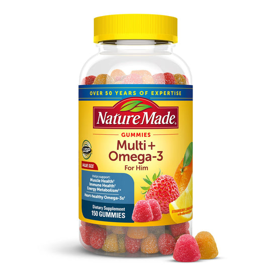 Botella de multivitaminas masculinas Nature Made con gomitas Omega-3.