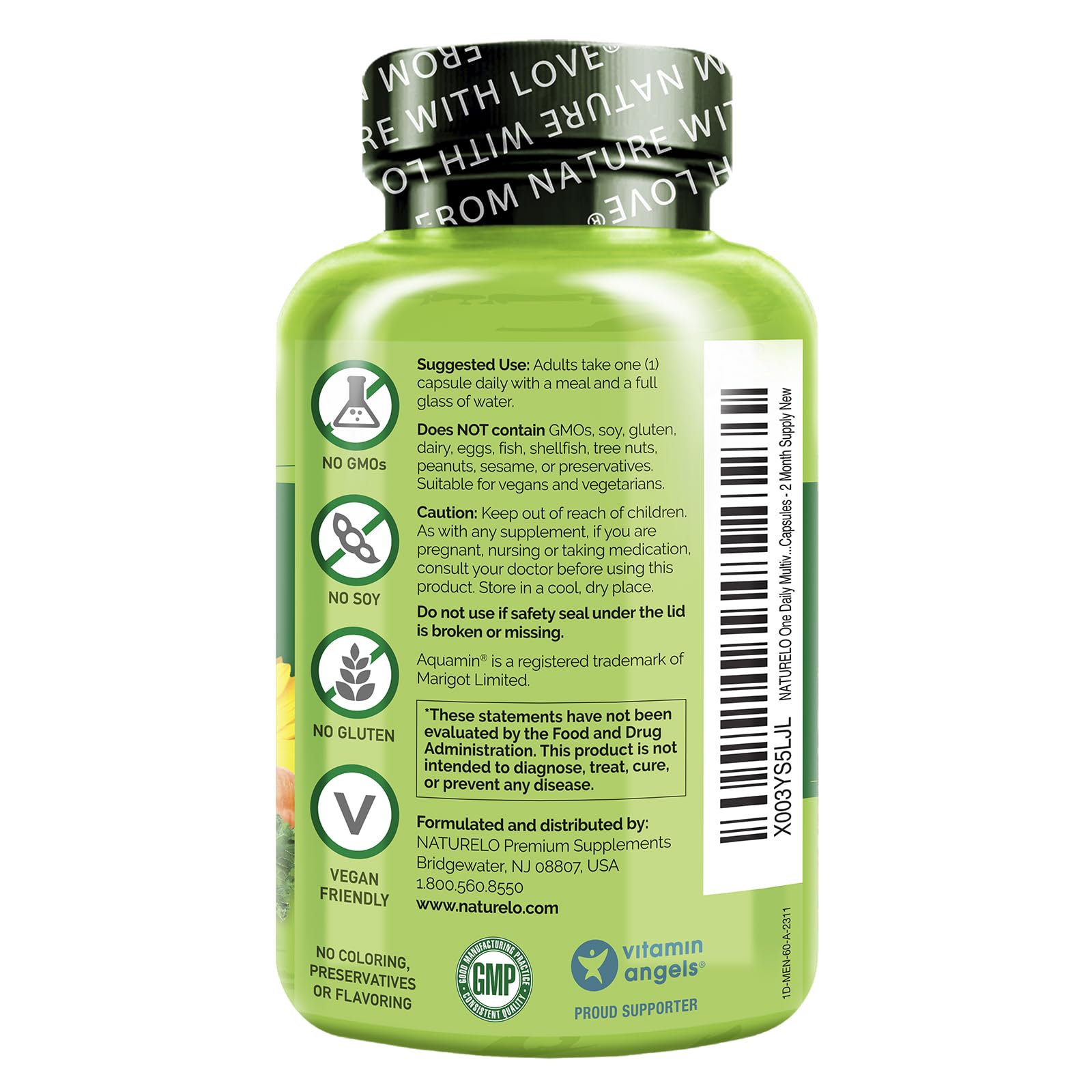 Botella de multivitaminas NATURELO con ingredientes