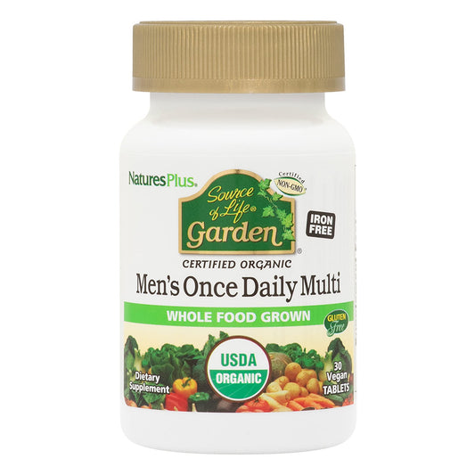 Botella de multivitaminas orgánicas para hombres NaturesPlus Source of Life Garden.