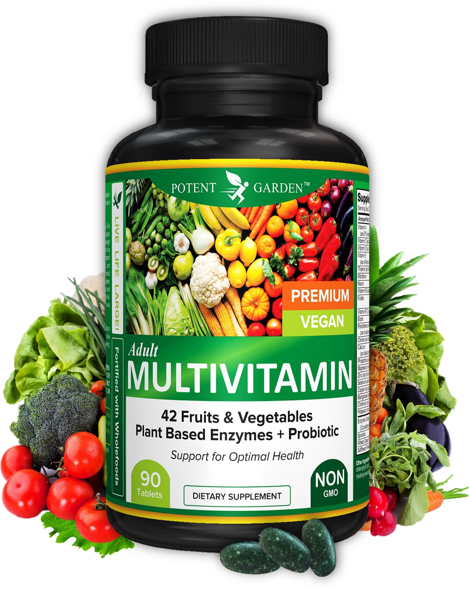 Botella multivitaminas adulto Potent Garden fondo blanco