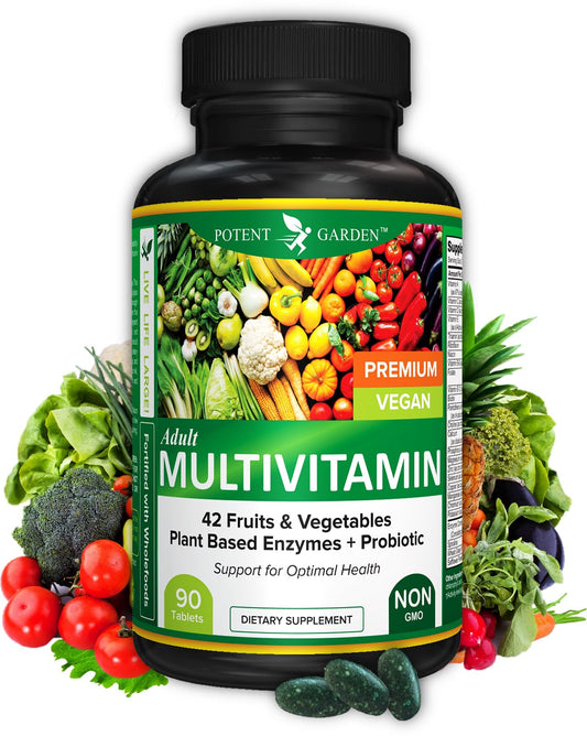 Botella multivitaminas adulto Potent Garden fondo blanco