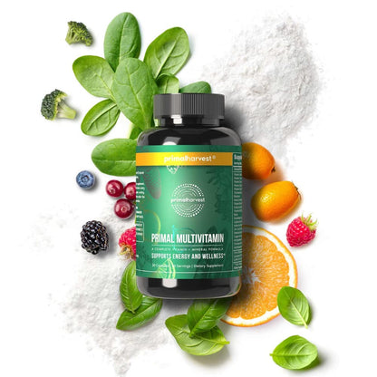 Botella de multivitaminas Primal Harvest con ingredientes naturales