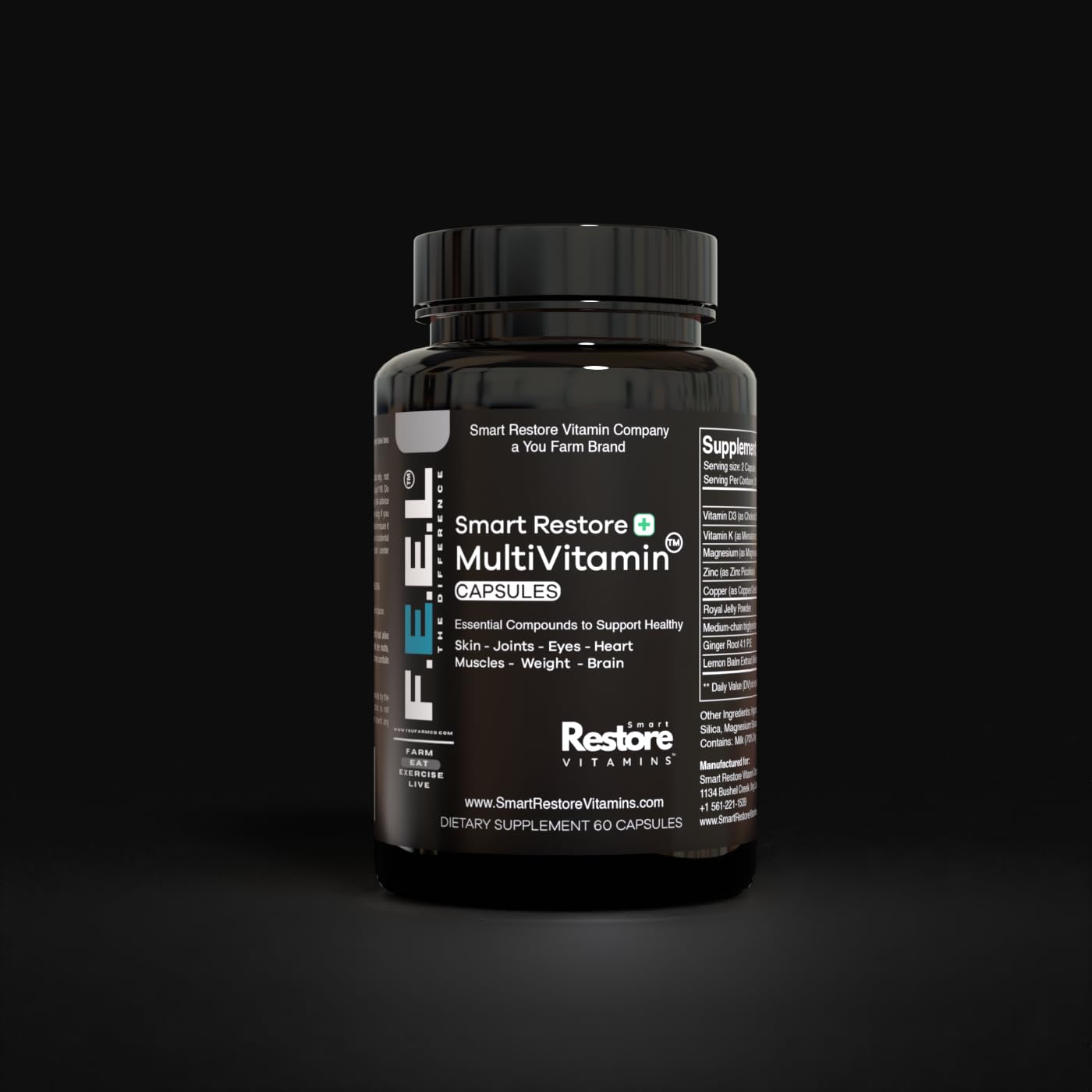 Botella de multivitaminas Smart Restore en fondo negro