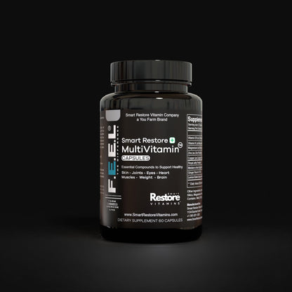 Botella de multivitaminas Smart Restore en fondo negro