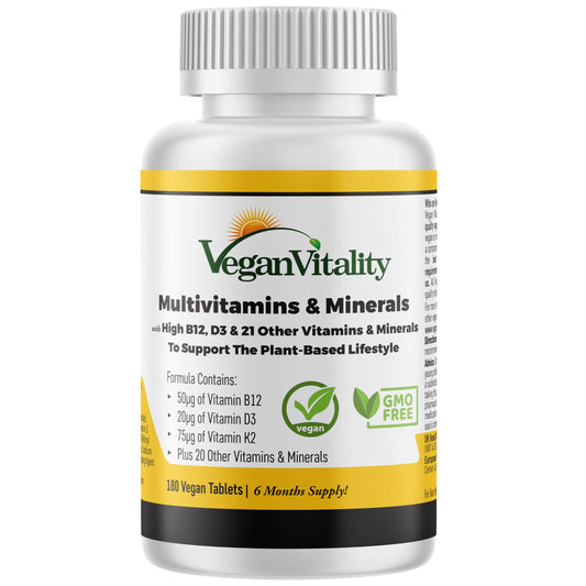 Botella de multivitaminas veganas Vegan Vitality de alta resistencia.