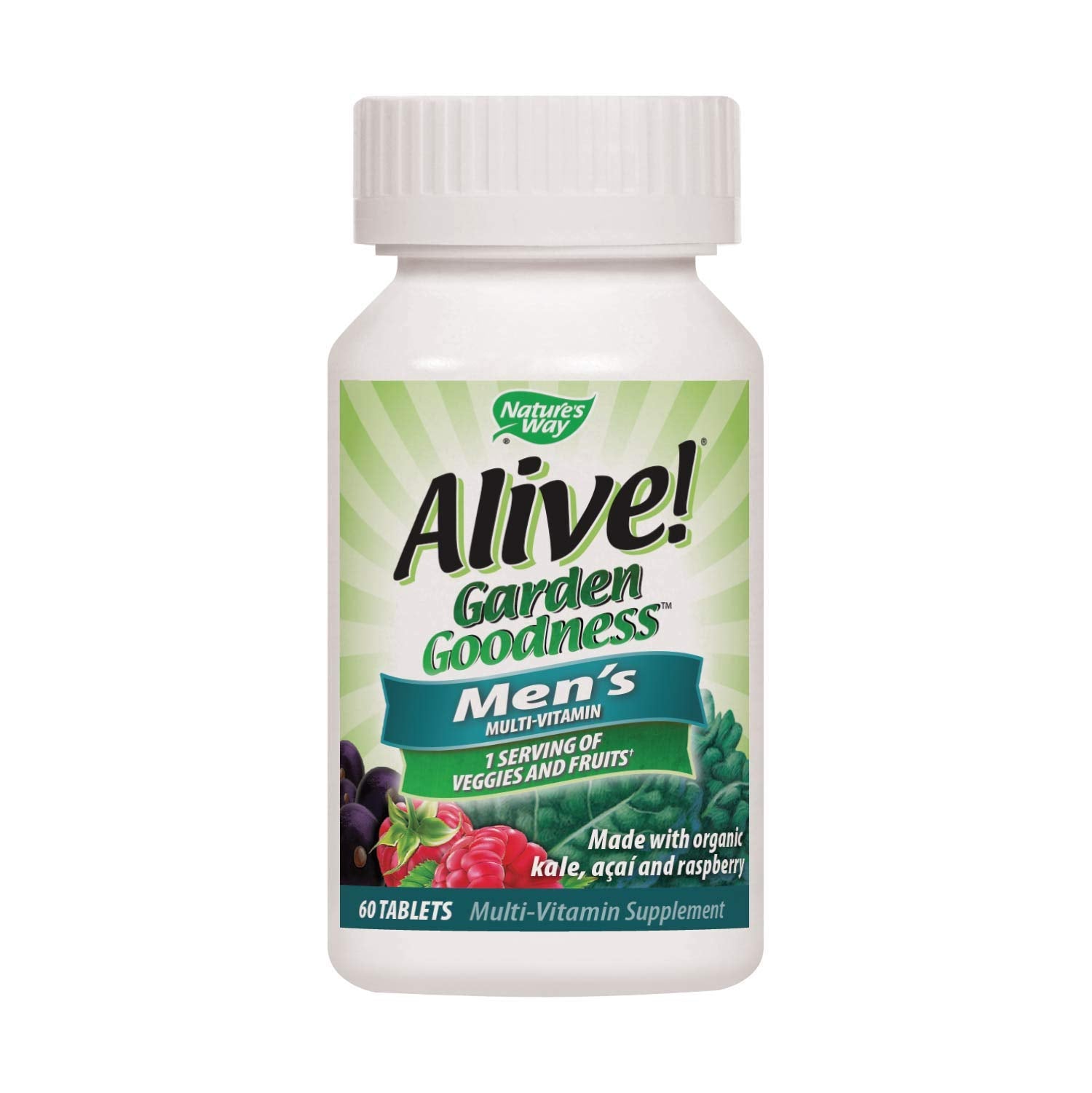 Botella de multivitaminas para hombres con verduras y frutas