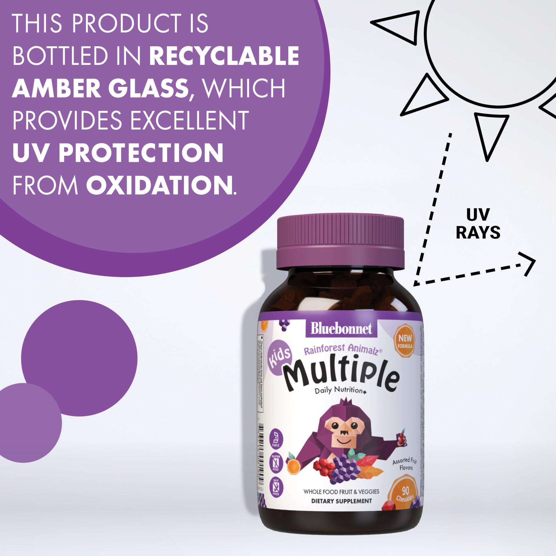 Botella de multivitaminas con vidrio ámbar reciclable