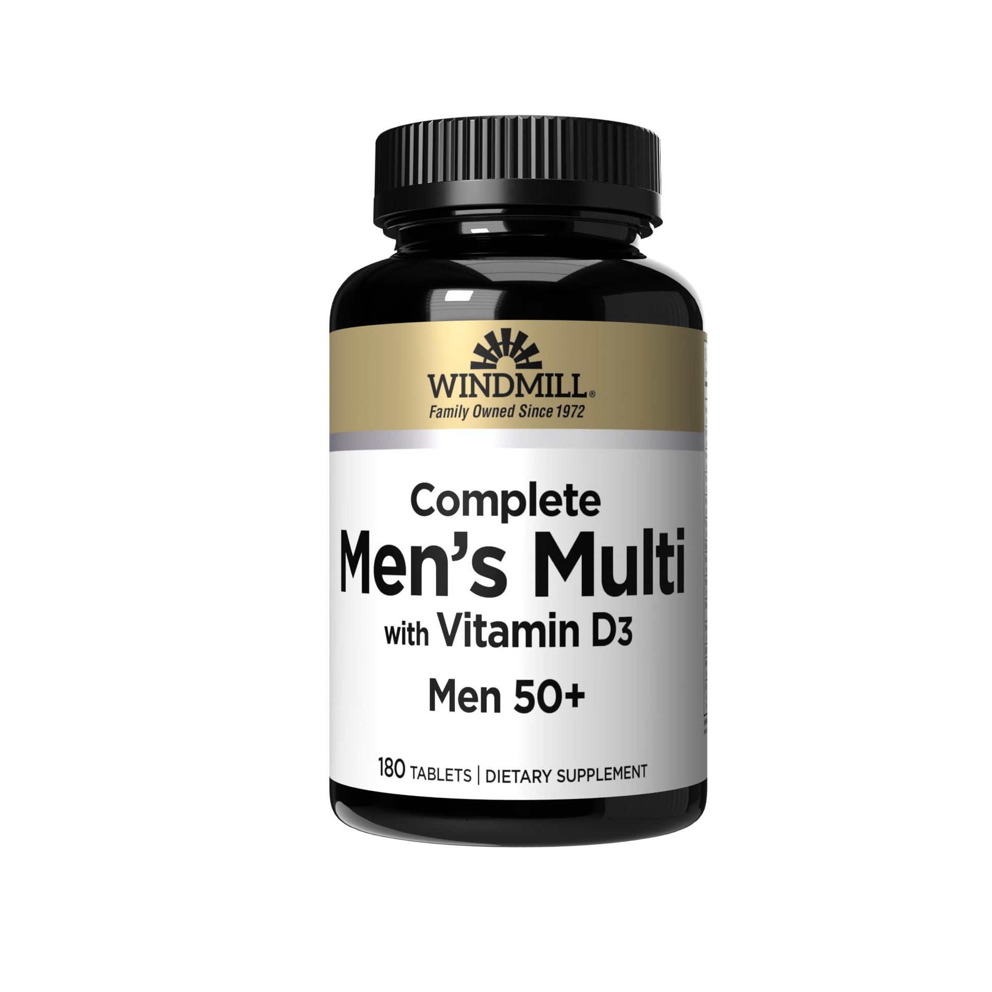 Botella de multivitaminas Windmill para hombres mayores de 50 con 180 tabletas.