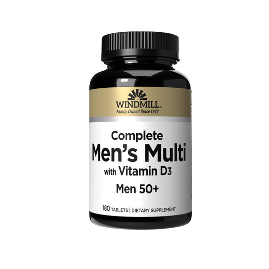 Botella de multivitaminas Windmill para hombres mayores de 50 con 180 tabletas.