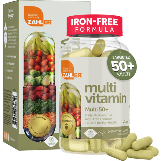 Botella de multivitaminas Zahler 50+, cápsulas veganas