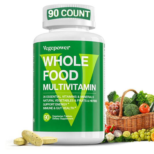 Botella de multivitamínico de alimento completo VEGEPOWER fondo blanco.