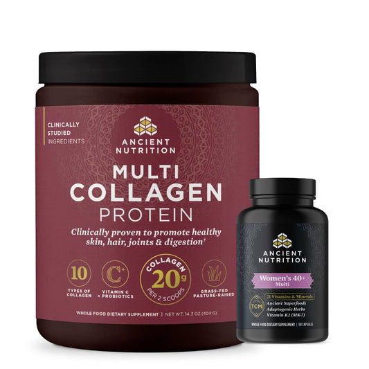Botella de multivitamínicos para mujeres 40+ de Ancient Nutrition junto con polvo de colágeno.