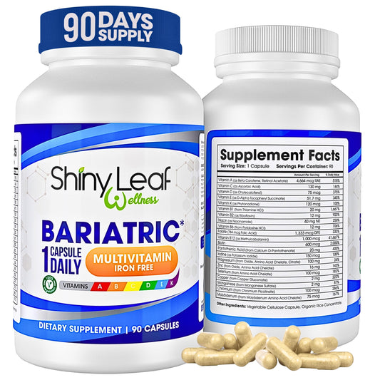 Botella de multivitamínico bariátrico shiny leaf sin hierro para cirugía