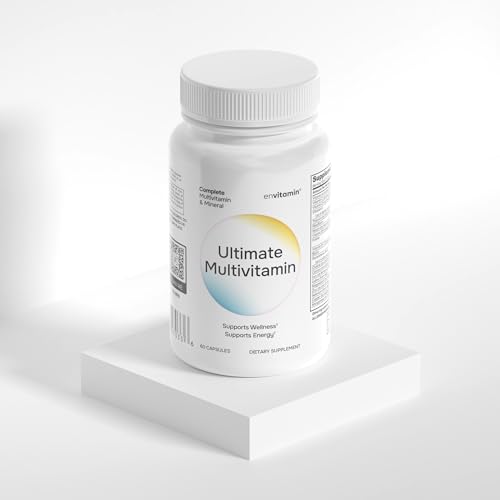 Botella de multivitamínico Ultimate envitamin en base llena de luz.