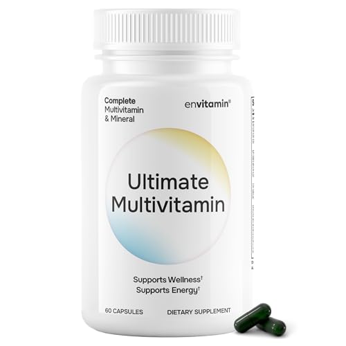 Botella de multivitamínico envitamin Ultimate en mesa blanca.