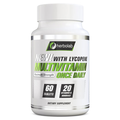 Botella de multivitamínico Herbolab con licopeno para uso diario
