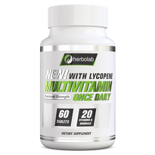 Botella de multivitamínico Herbolab con licopeno para uso diario
