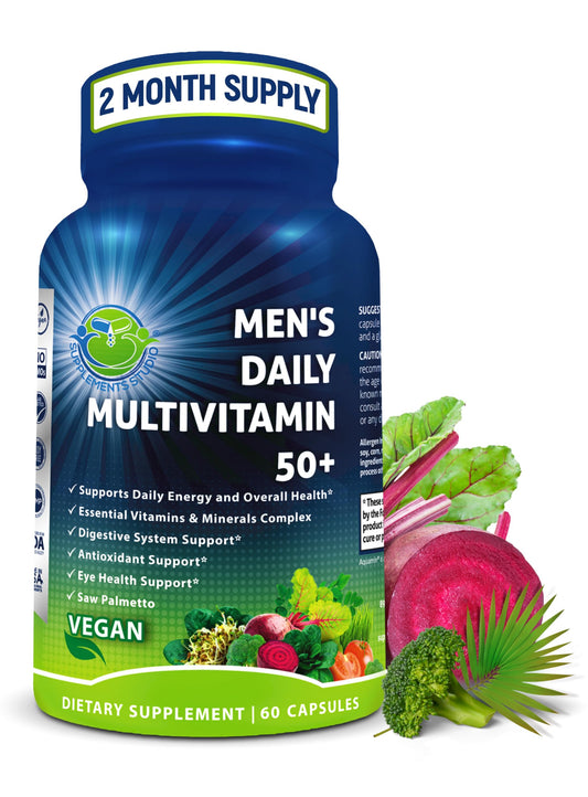 Botella de multivitamínico diario para hombres 50+ con luteína y antioxidantes