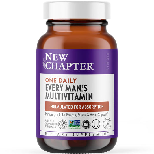 Botella de multivitamínico para hombres New Chapter en fondo blanco