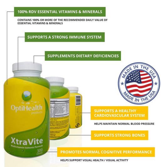 Botella de multivitamínico isotónico XtraVITE con beneficios en etiqueta.