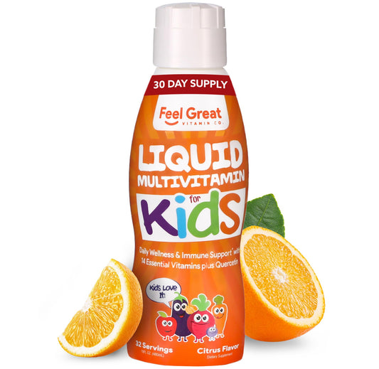 Botella multivitamínico líquido sabor naranja para niños