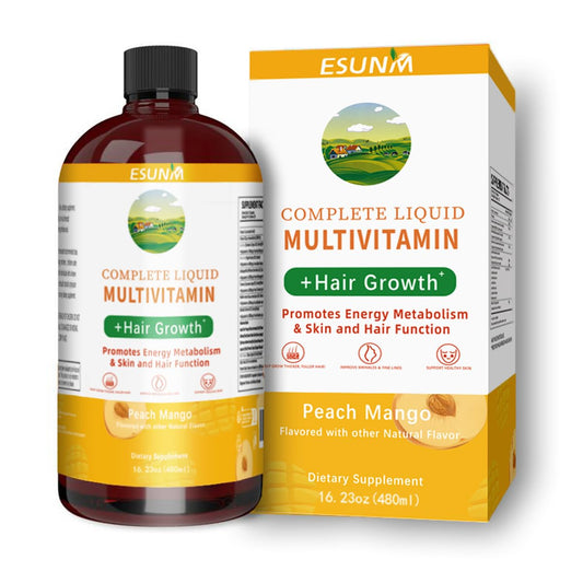 botella de multivitamínico líquido sabor melocotón y mango.