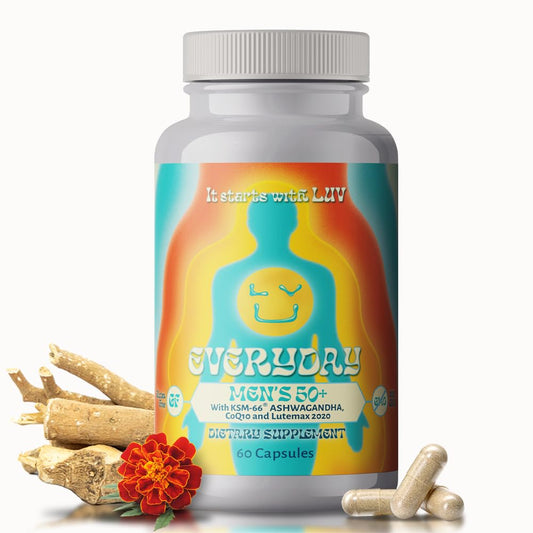 Botella de multivitamínico LUV Everyday para hombres 50+ con Ashwagandha