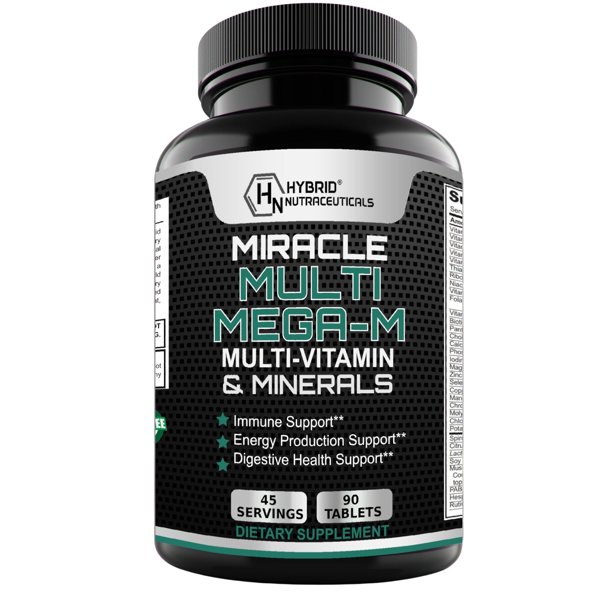 Botella de multivitamínico MEGA-M con superalimentos.