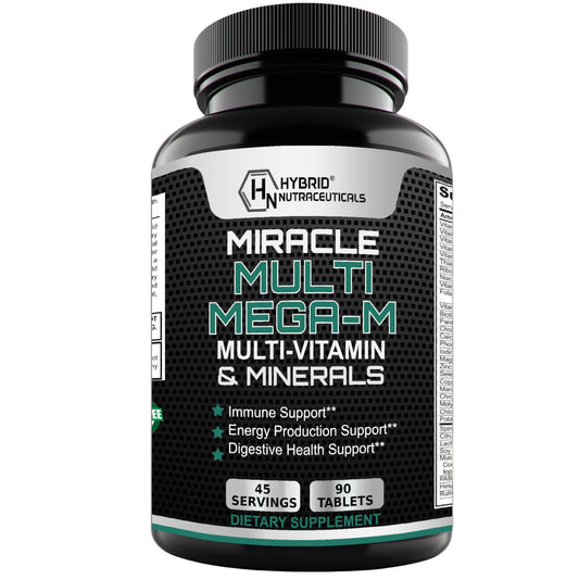 Botella de multivitamínico MEGA-M con superalimentos.