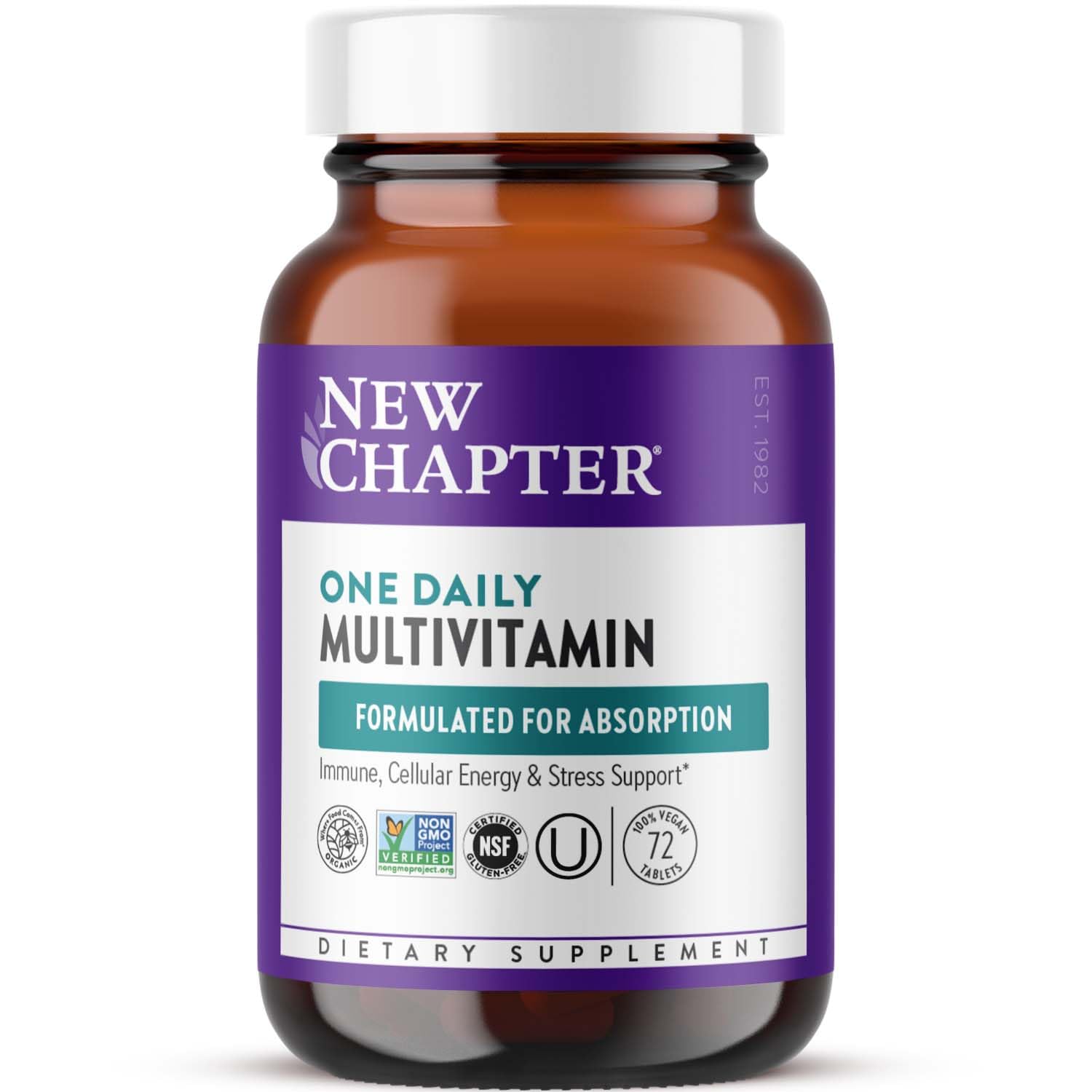Botella de multivitamínico New Chapter con etiqueta púrpura